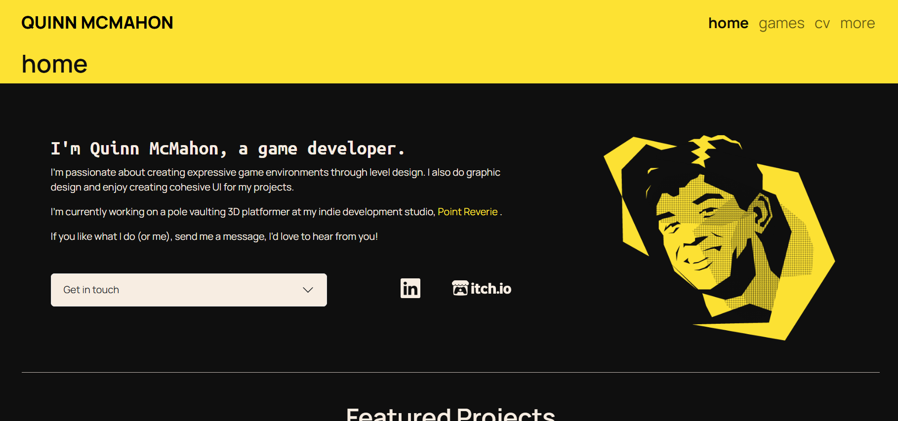 Screenshot of Quinn McMahon's game development portfolio site home page