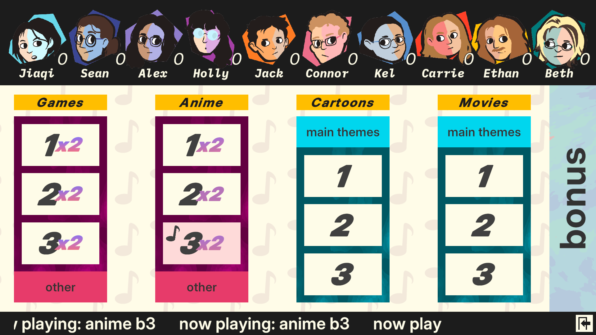 Screenshot of a gameboard for a music-guessing game show