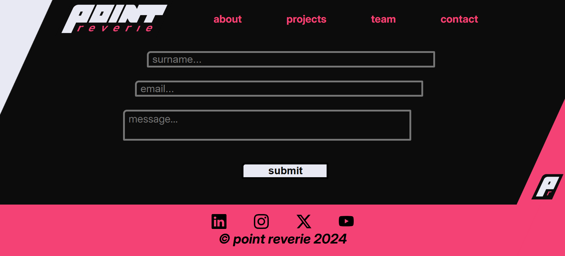 Screenshot of the contact section of the Point Reverie website