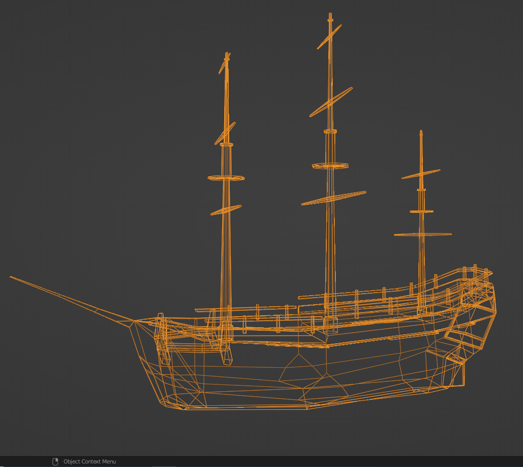 Wireframe of HMS Endeavour model for Captain Cook: Dead Reckoning in Blender