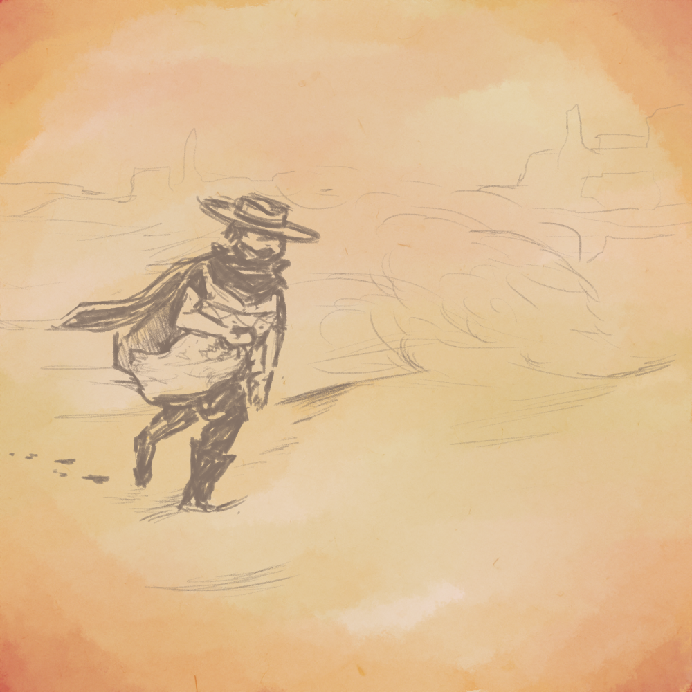 Sketch of the Cowboy wandering the desert for Deathbed