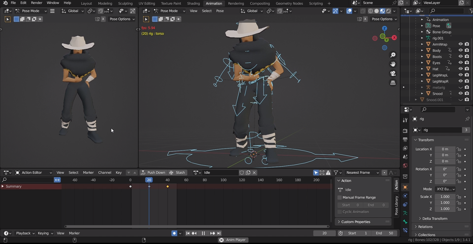 Animating the Cowboy without the poncho in Blender