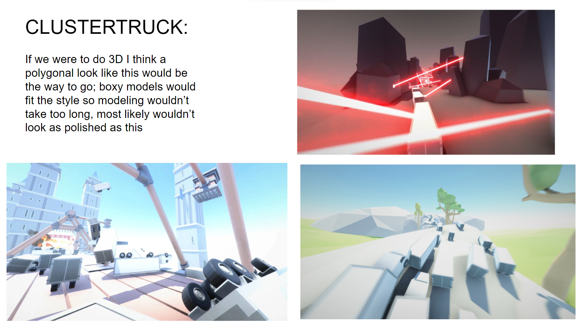 Artstyle moodboard for Milk showing screenshots from Clustertruck