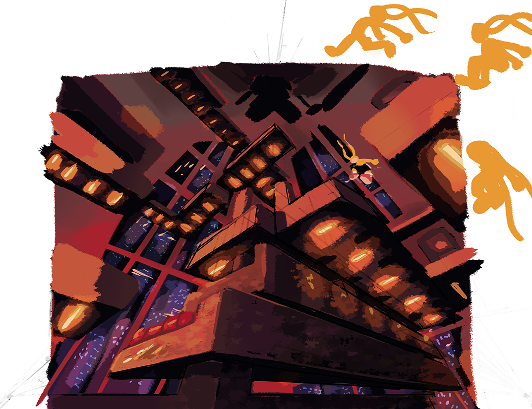 Concept artwork of Inna jumping around a tall skyscraper