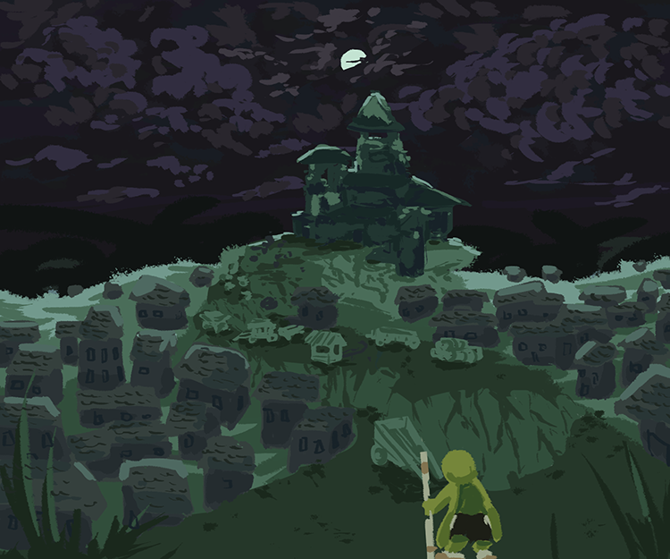 Concept art of Inna looking up at a moonlit castle on a hill