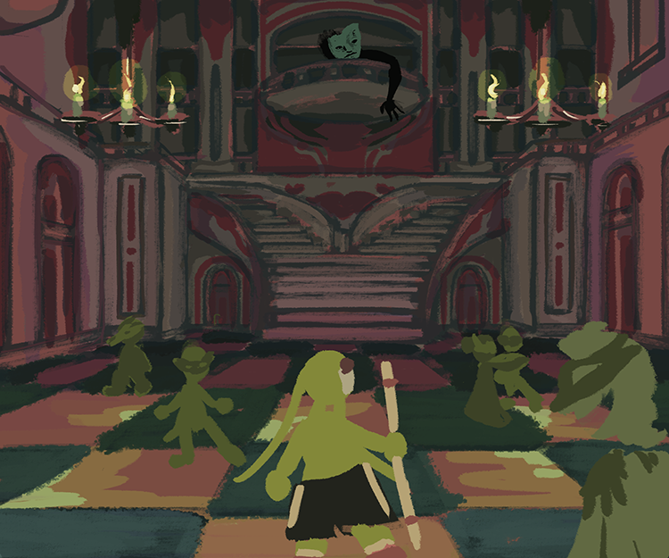 Concept art of Inna entering a dark masquerade ball