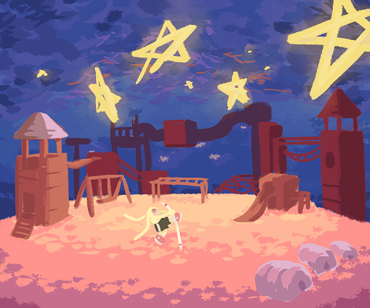 Concept art of Inna playing in a dreamy pink park