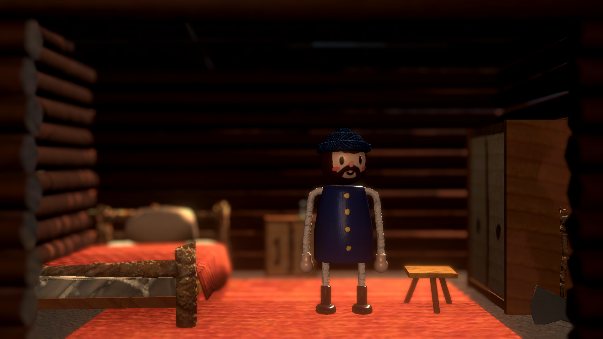 screenshot of a miniature log cabin interior in Hearth